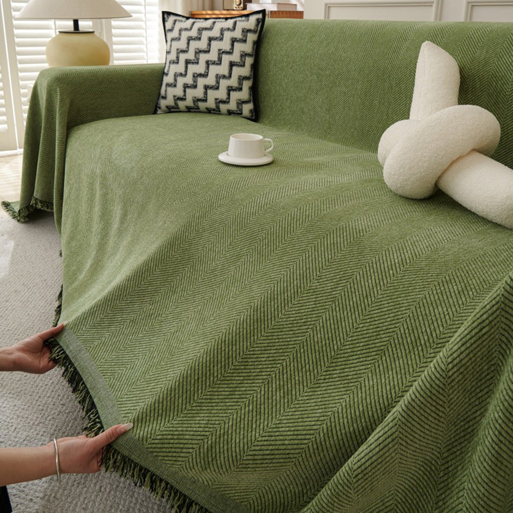 Herringbone Tassel Sofa Throw Cover Large Blanket for Couch Furniture Protector-Green