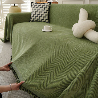 Herringbone Tassel Sofa Throw Cover Large Blanket for Couch Furniture Protector-Green
