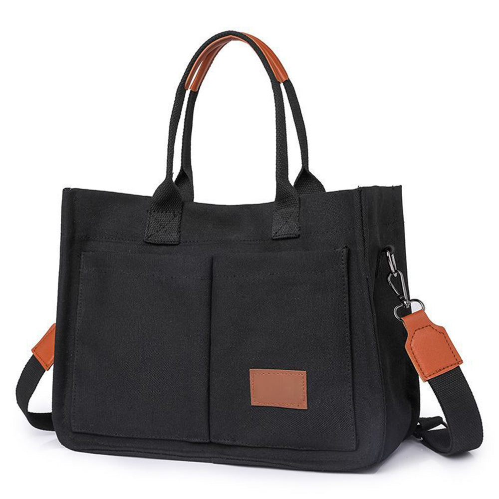 Canvas Tote Bag with Laptop Compartment Multi-Pocket Crossbody for Women Black