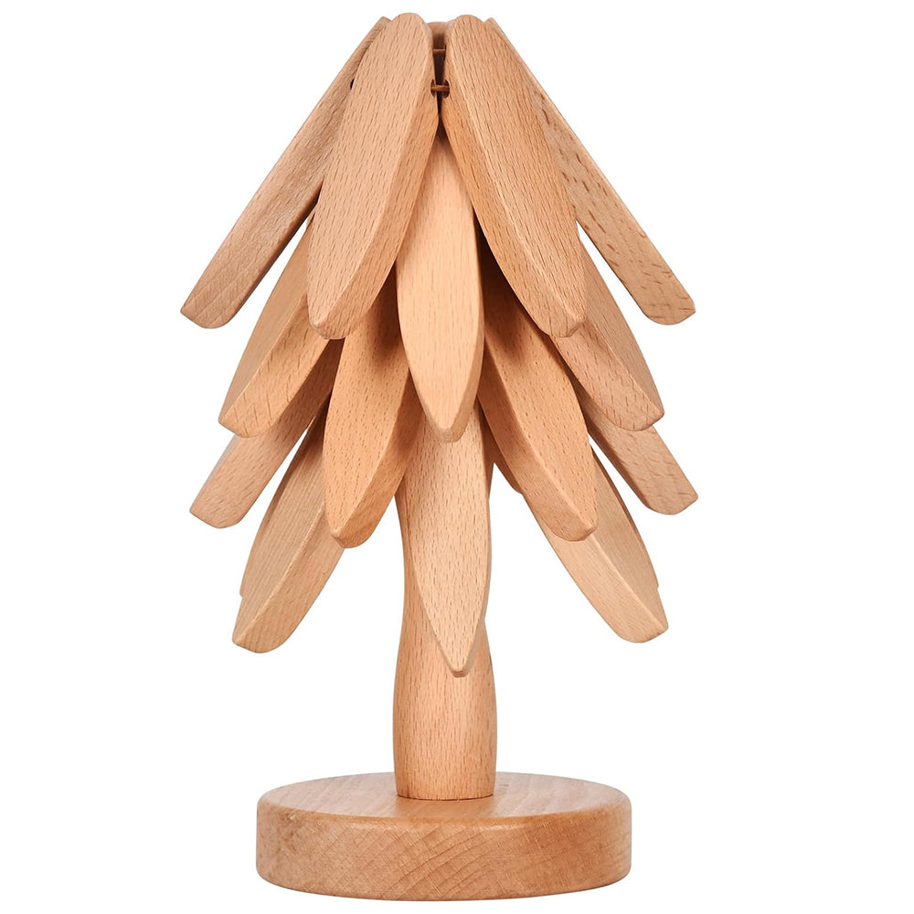 4Pcs Christmas Tree Coasters Wooden Tree Shape Trivets for Hot Dishes with Stand Light Brown