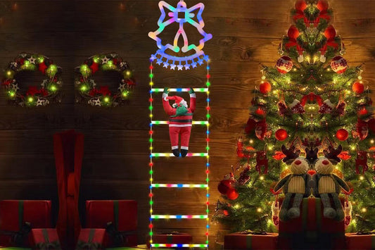 1.7M 160 LEDs Christmas Ladder Lights with Santa Claus Xmas Giant Climbing String Lights Decorative Outdoor Yard Led Ornaments-Bell
