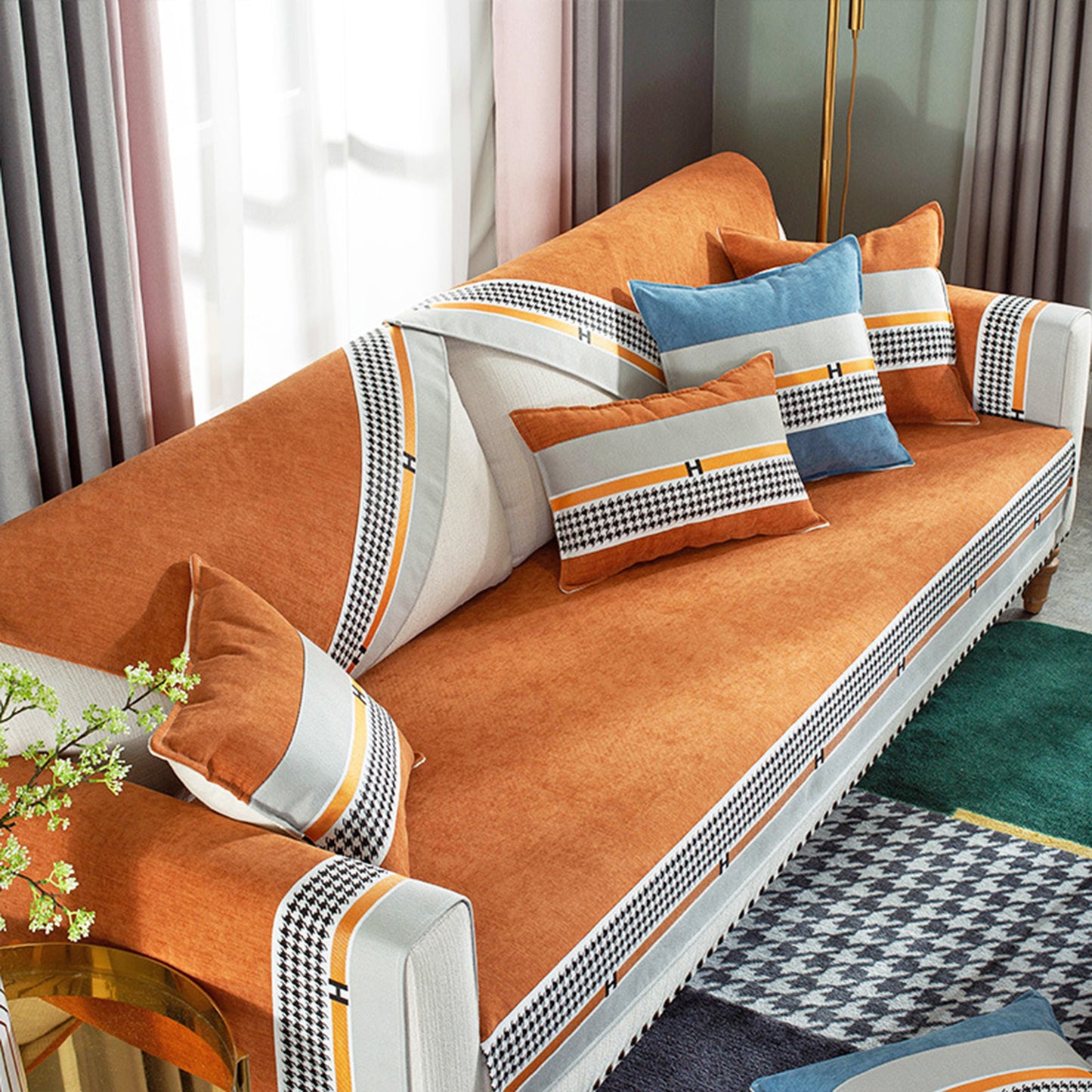 Plaid Couch Universal Furniture Protector Chenille Sectional Couch Covers -Orange