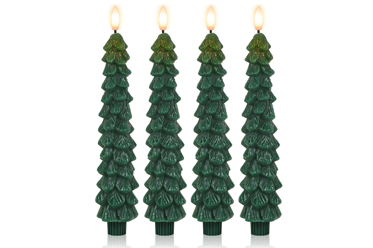 4Pcs Christmas Tree Candles LED Flameless Taper Candles 3D Wick Lifelike Leaves Dinner Xmas Holiday Decoration