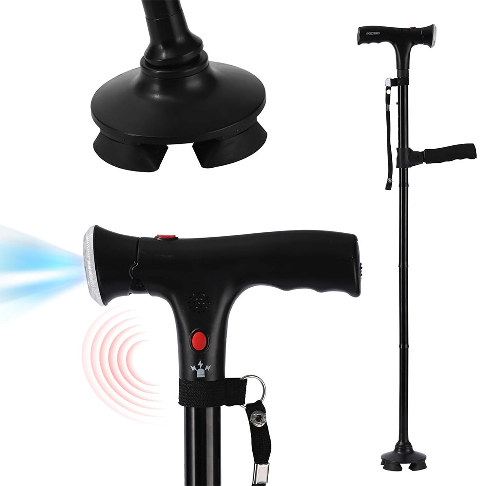 Walking Cane with LED Light Alarm Adjustable Dual Handles for Seniors and Adults