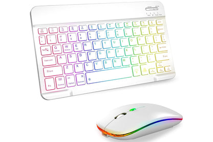Ultra thin Bluetooth Keyboard and Mouse Combo for iPad Rechargeable RGB Wireless Keyboard Mouse 7-Color Backlit-White