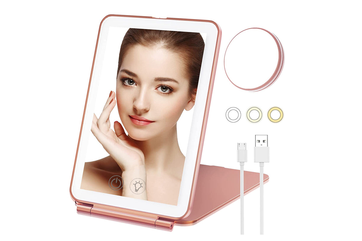 Touch Screen Makeup Mirror USB Rechargeable Cosmetic Mirror Portable Make Up Mirrors LED Mirror-Rose Gold