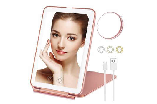 Touch Screen Makeup Mirror USB Rechargeable Cosmetic Mirror Portable Make Up Mirrors LED Mirror-Rose Gold