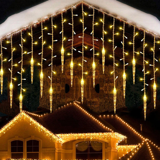 Christmas Icicle Lights Window Curtain Drooping Light String with 8 Modes - Warm White
