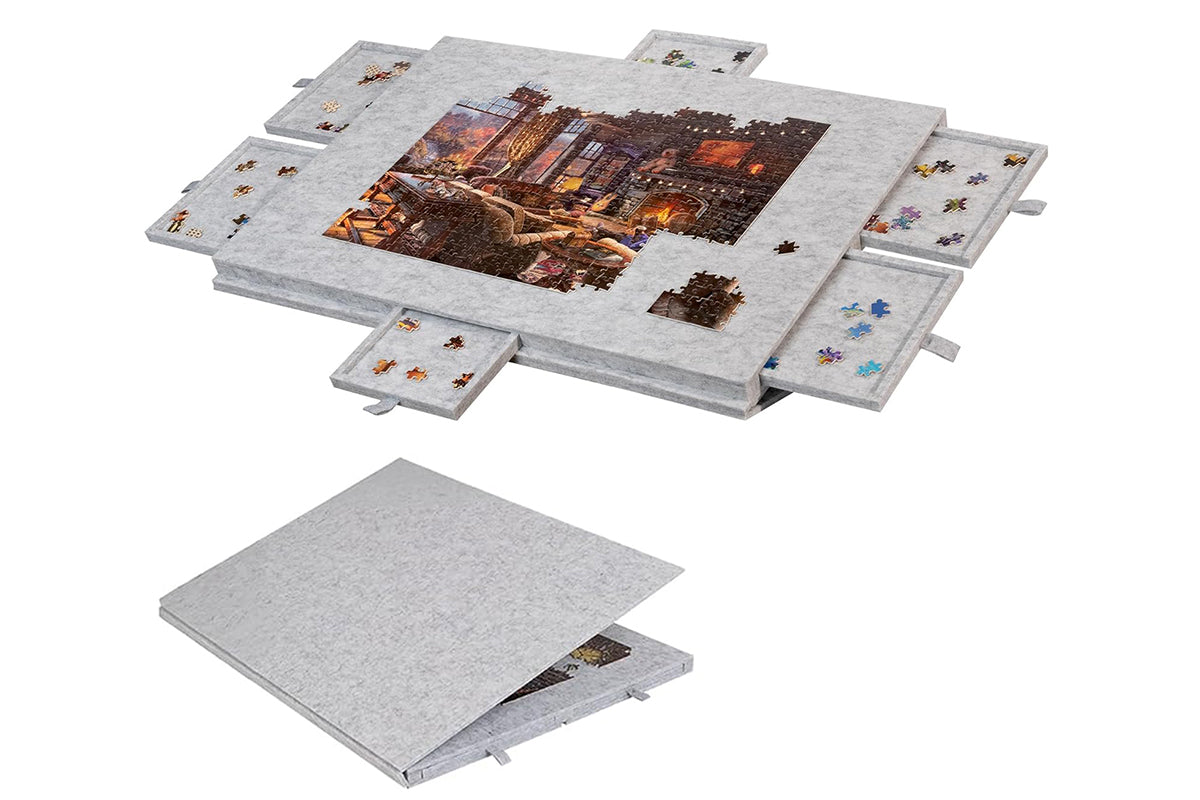 6 Sliding Drawers Puzzle Board Foldable Felt Puzzle Table Up to 1000 Pieces-Light Grey