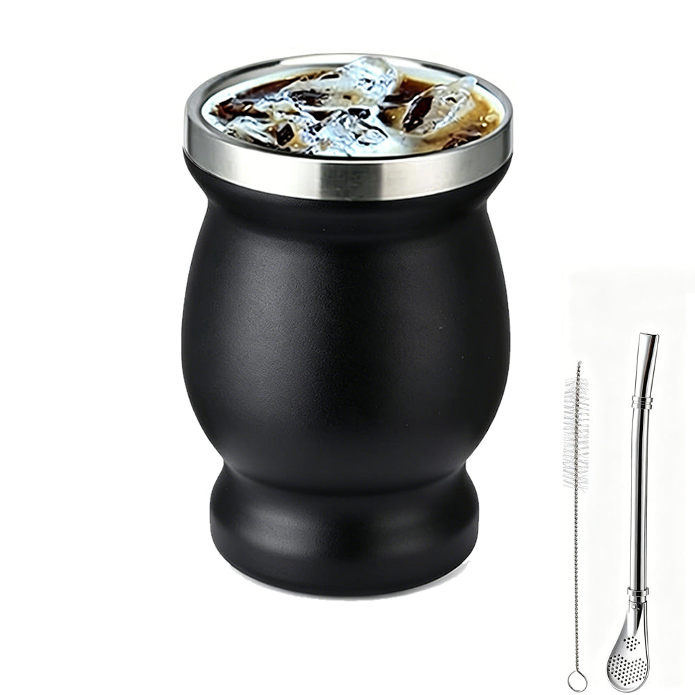 8oz 304 Stainless Steel Yerba Mate Cup Double Wall with Straw Spoon-Black