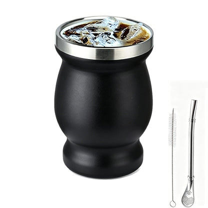 8oz 304 Stainless Steel Yerba Mate Cup Double Wall with Straw Spoon-Black
