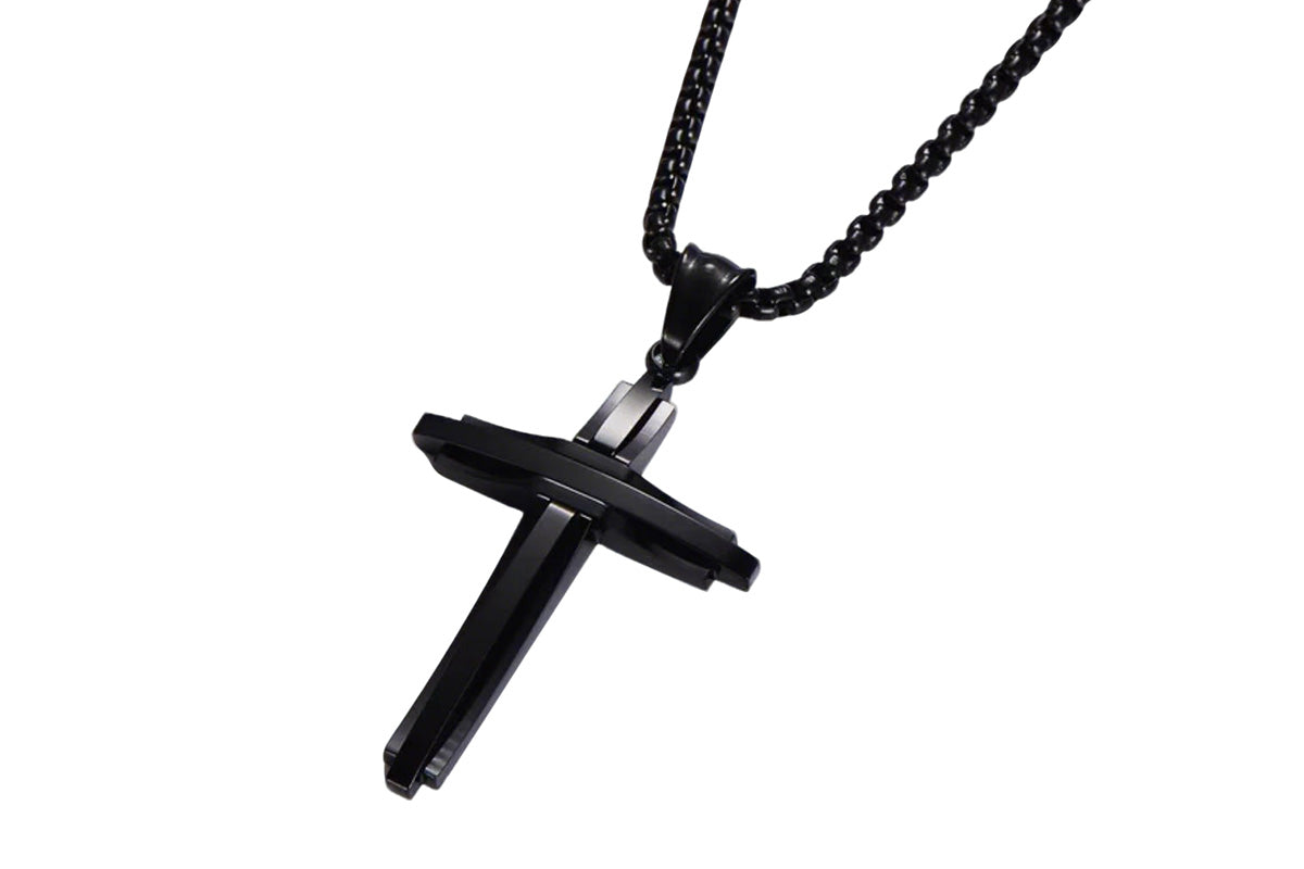 Crucifix Pendant Necklace Titanium Steel Unisex Chain -Black