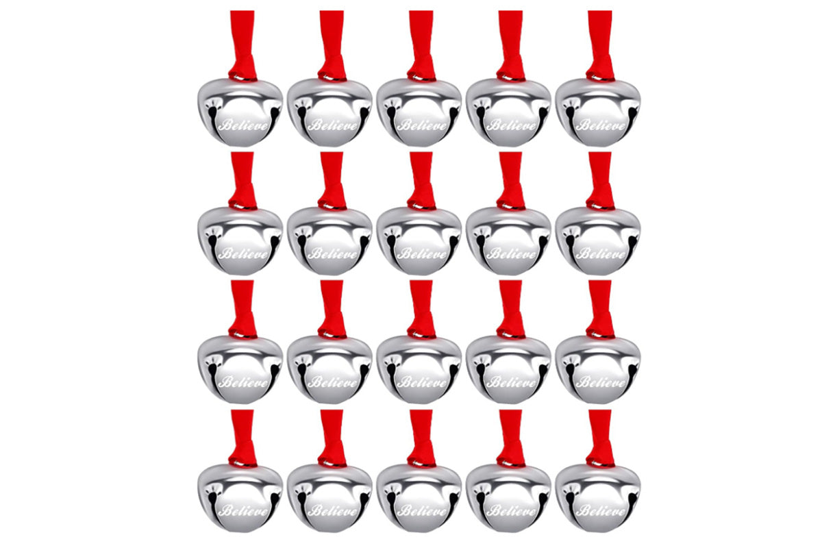 20Pcs Christmas Believe Bell Ornaments Silver Santa Sleigh Bell