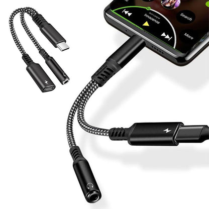 2-in-1 Type-C Audio and Charging Adapter for USB-C Devices with 30W Fast Charge Black