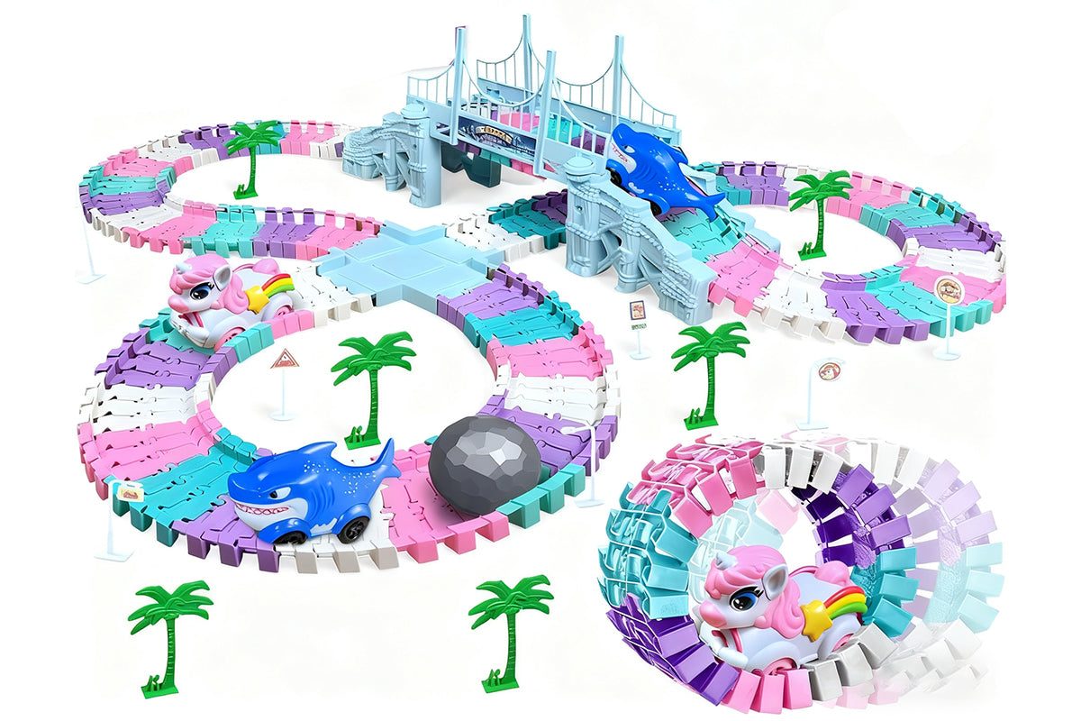 194PCS Race Track Toys Unicorn and Shark Flexible Race Track for Lovely Ages 4-8