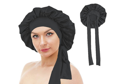 Solid Colour Women Satin Sleeping Cap Wrap Hair Bonnet Elastic Headwear-Black