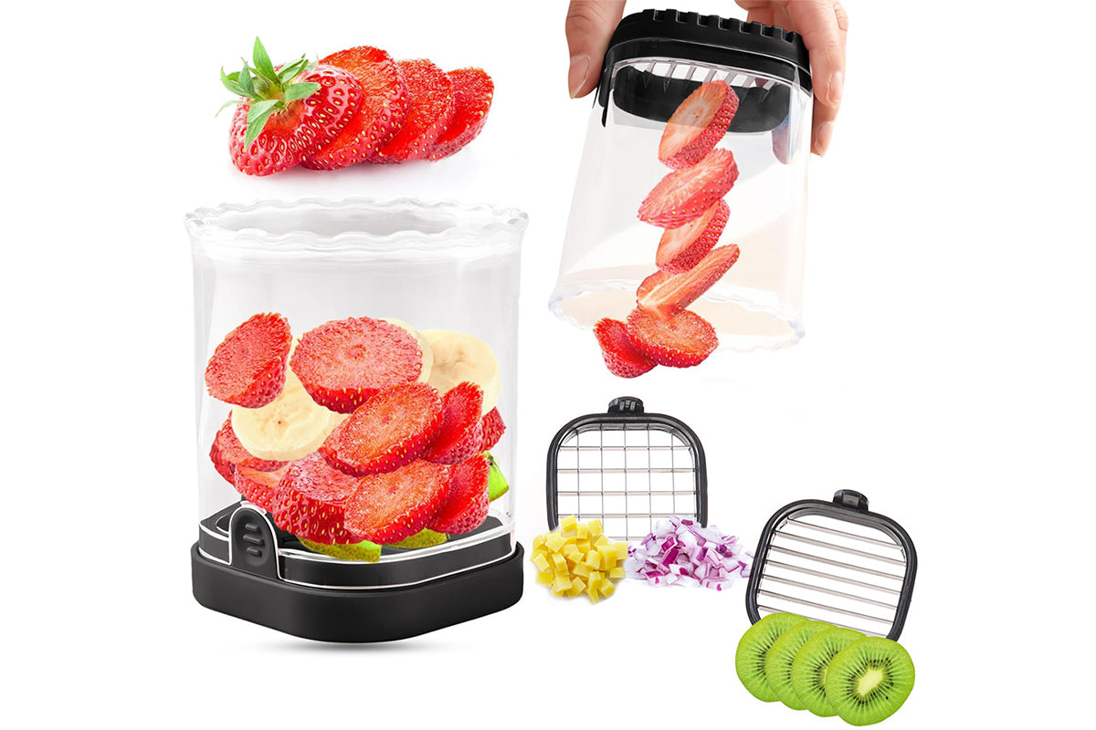 2-in-1 Kitchen Fruit Slicer Cup with Removable Blade and Push Plate for Strawberry Banana -Black