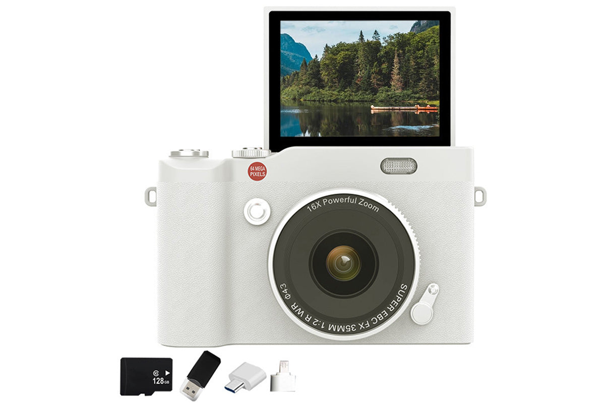 4K Digital Camera 64MP Vlogging Camera with 180-degree Flip Screen 16X Digital Zoom -White Color