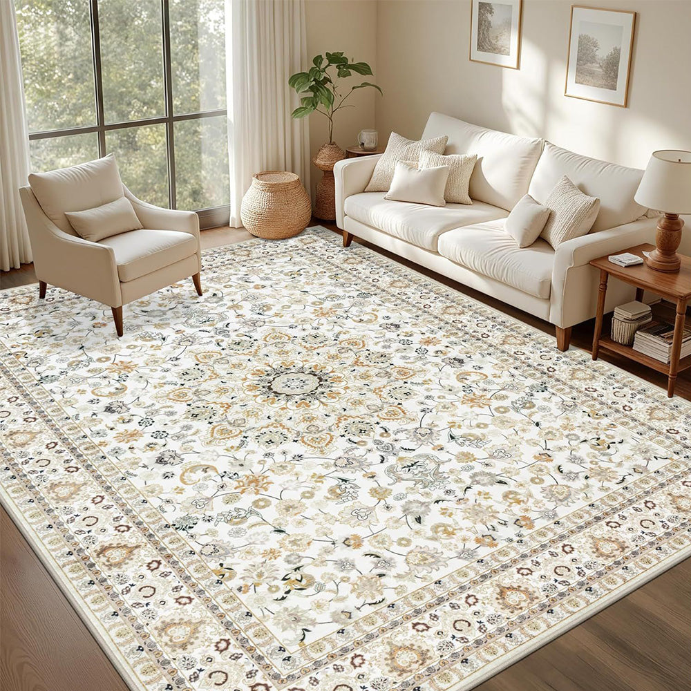 Crystal Velvet Vintage Boho Rug Non-Slip Floor Carpet for Bedroom Dining Room-White