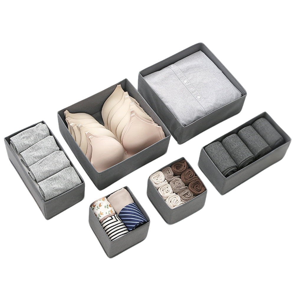 6Pcs Foldable Drawer Organiser Set Underwear Bra Sock Storage Boxes Gray