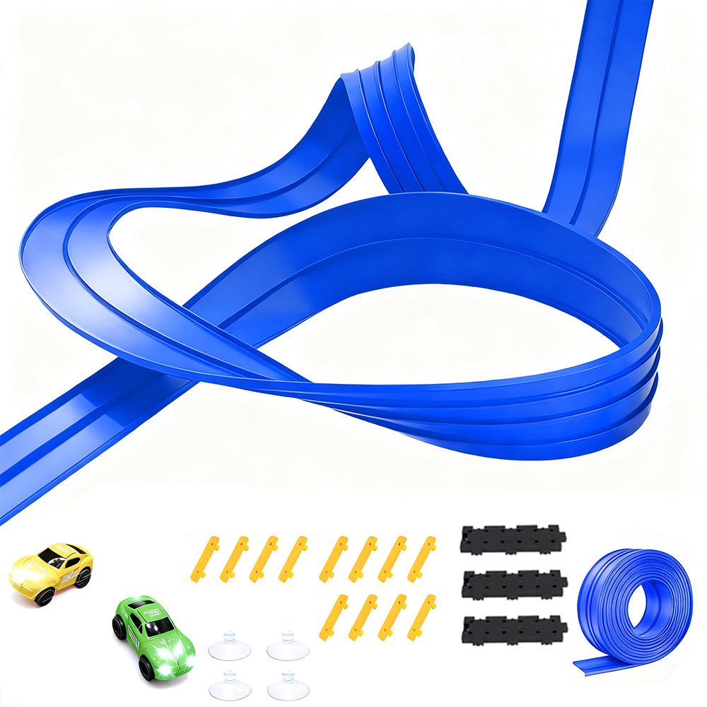 5-Meter Flexible Race Car Track with Base and 360-Degree Rotating Cars for Home Play Blue