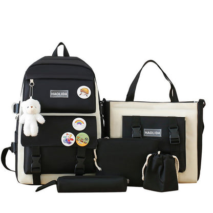 5Pcs Backpack Set for Girls with Tote Bag for Primary Elementary High School-Black