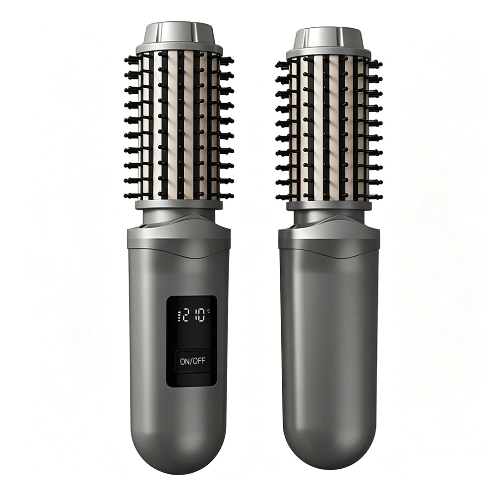 2 in 1 Cordless Hair Straightener Brush Curling Iron with LCD Display-Grey