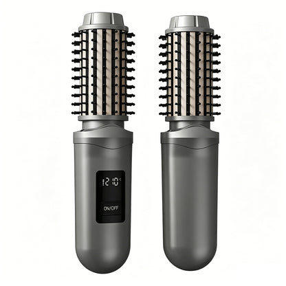2 in 1 Cordless Hair Straightener Brush Curling Iron with LCD Display-Grey