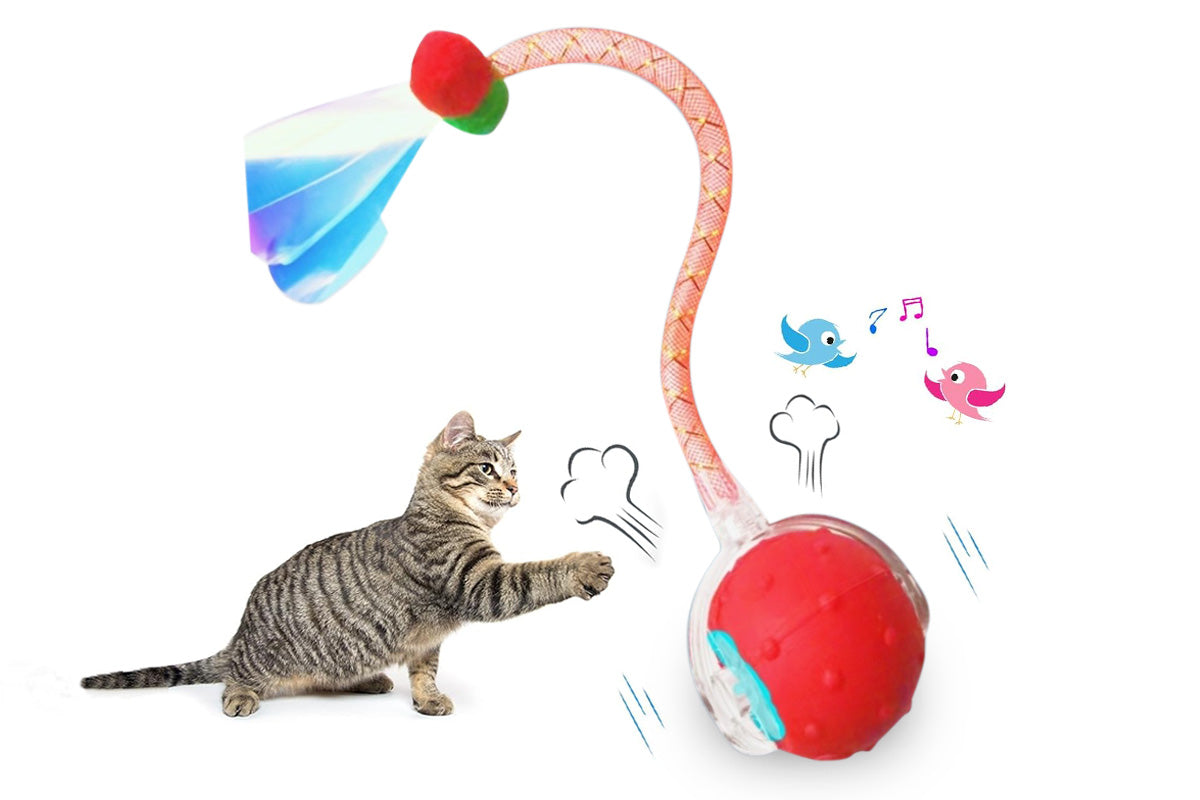 Interactive Cat Toys Ball for Indoor Cats Moving Cat Ball with Elastic Tail -Red