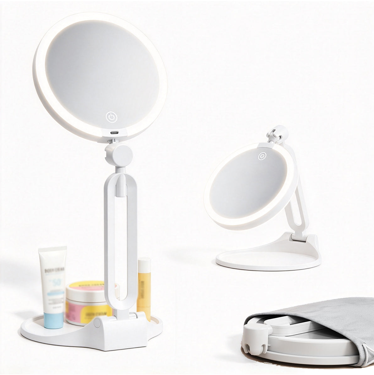 Portable Folding Double Sided LED Magnifying Makeup Mirror - White