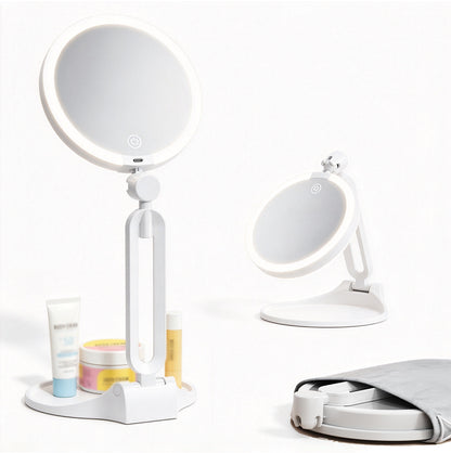 Portable Folding Double Sided LED Magnifying Makeup Mirror - White