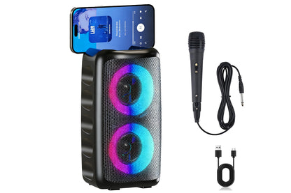 Bluetooth Speaker with Wired Microphone Portable Party TWS Speaker with Lights