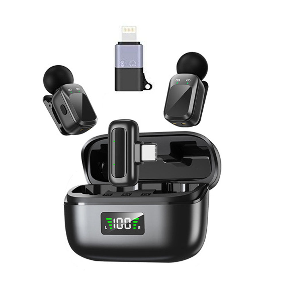 Dual Sender Mini Wireless Lavalier Mic with USB C Lightning Adapters