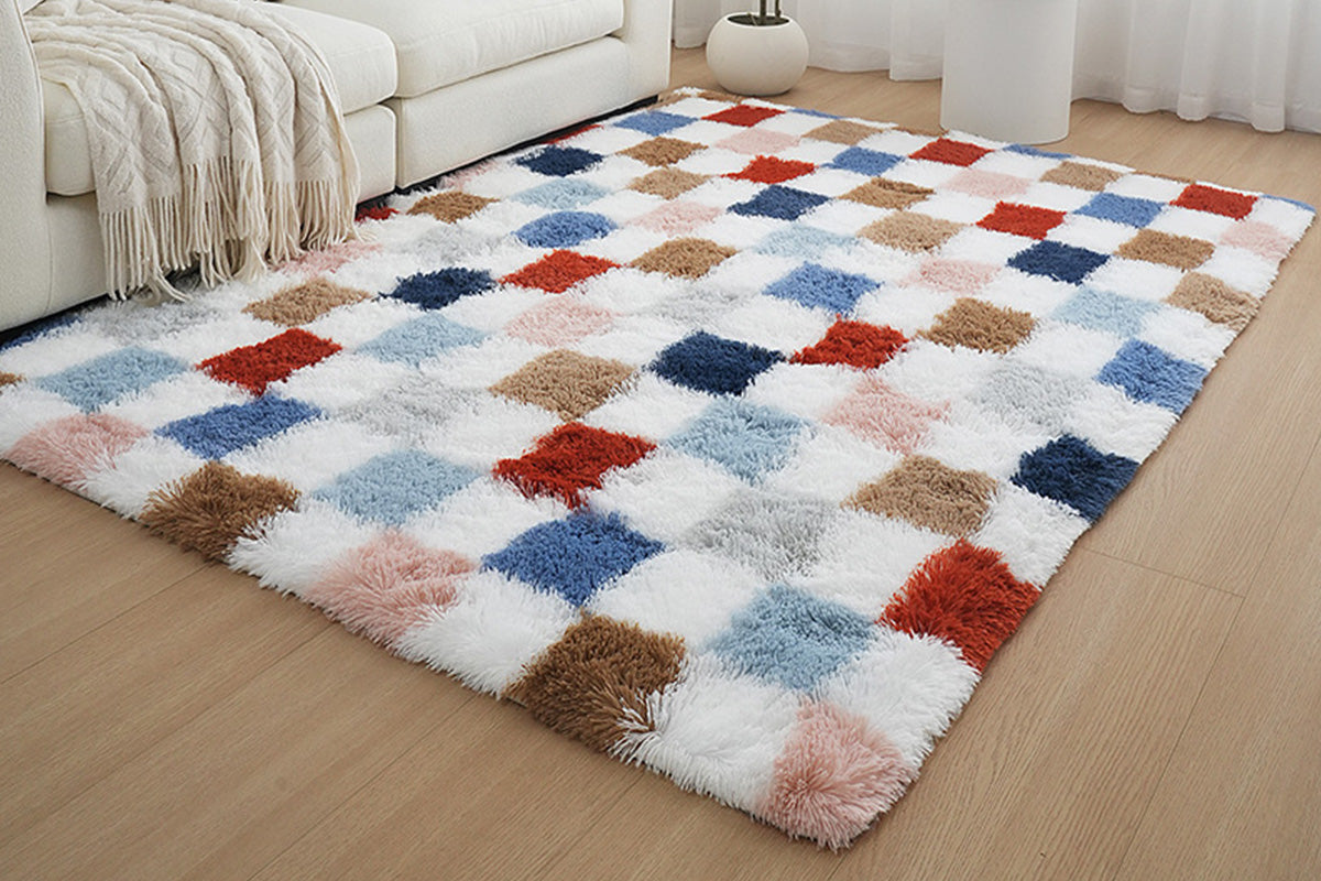 Checkered Plush Shaggy Rug Non Slip Carpet - Milticolor