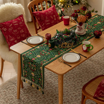 Christmas Jacquard Table Runner with Tassels - Green