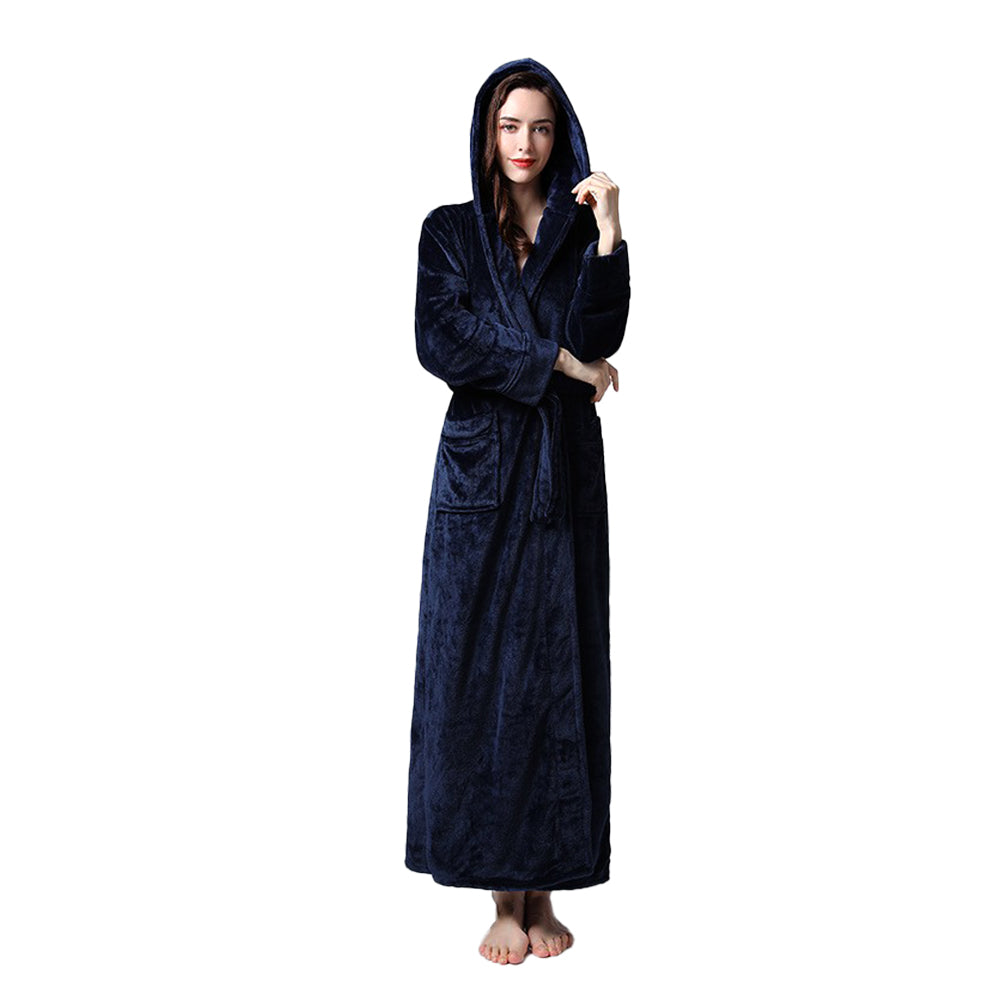 Unisex Winter Long Bathrobe Solid Warm Hooded Bath Robe for Lovers Dark Blue