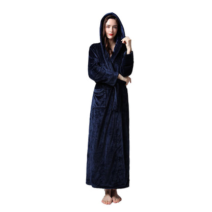 Unisex Winter Long Bathrobe Solid Warm Hooded Bath Robe for Lovers Dark Blue