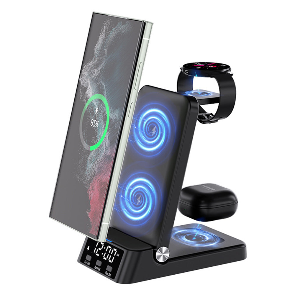 3-in-1 Wireless Charging Station with Digital Alarm Clock Fast Charging Dock for Samsung Black