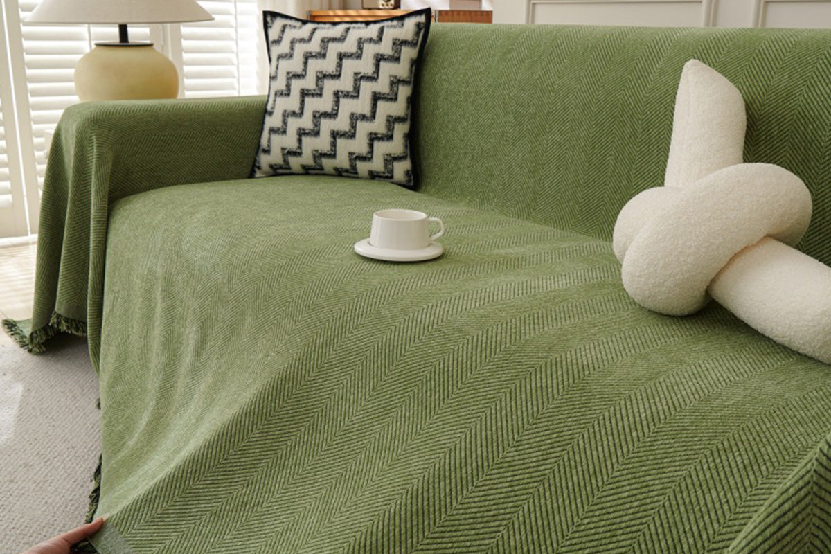 Herringbone Tassel Sofa Throw Cover Large Blanket - Green