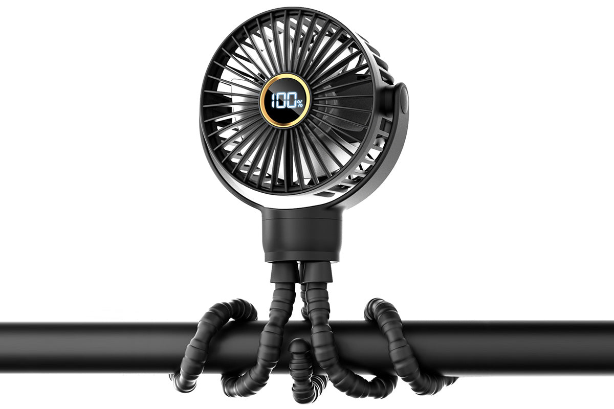 Portable Octopus Stroller Fan with Digital Display and 3 Speed Settings-Black