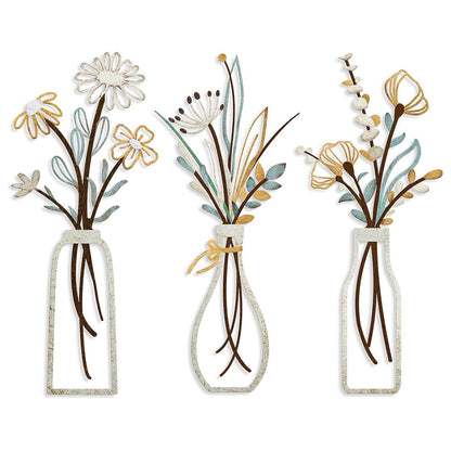 3Pcs Set Metal Flowers Wall Arts Minimalist Wall-Mount Flower Decors for Home Office Colorful