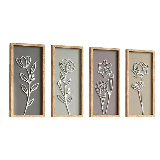 4 Piece Set Wood Frame Floral Hollow Out Wall Art