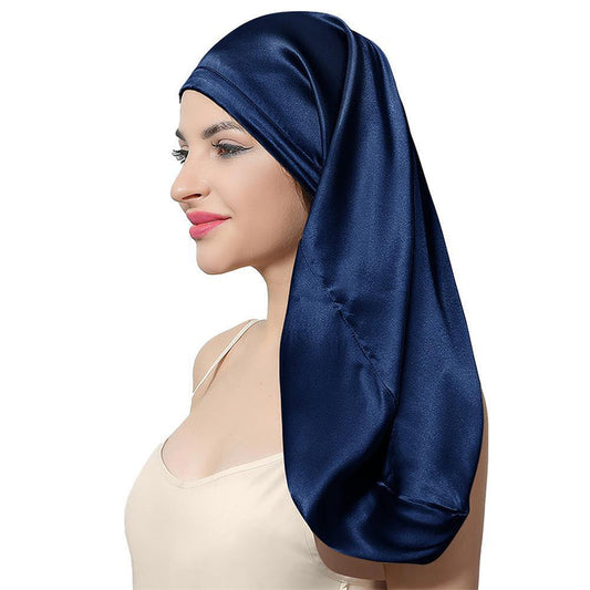 100%Silk Long Bonnet Sleep Cap Long Satin Night Cap Navy