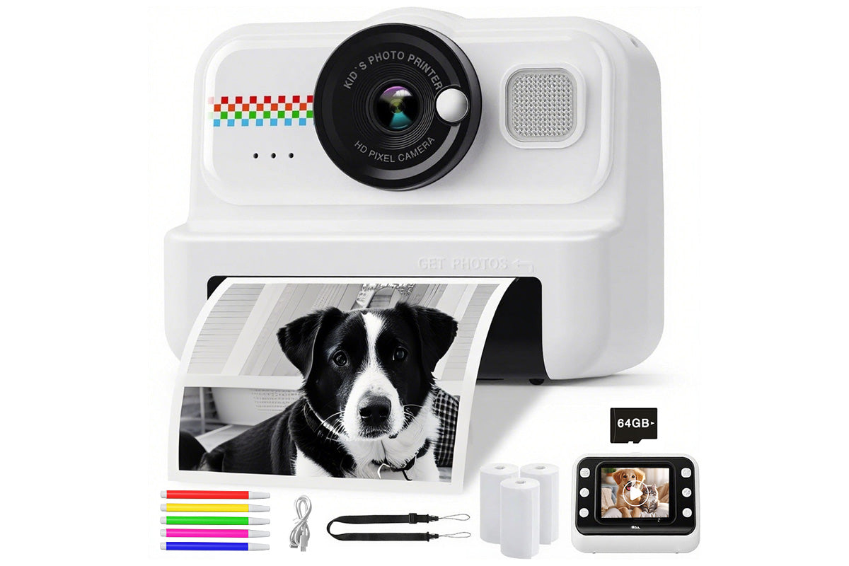 boy and girls Camera Instant Print 1080P Selfie Digital Camera with 64GB Card-White