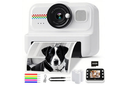 boy and girls Camera Instant Print 1080P Selfie Digital Camera with 64GB Card-White
