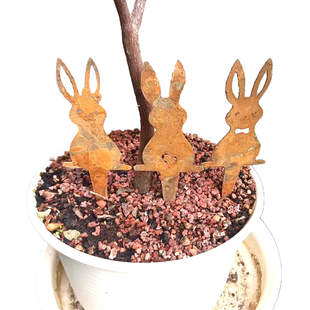 Set of 3Pcs Easter Bunny Garden Stake Decor Rusty Bunny Ornament Outdoor Yard Art Decoration