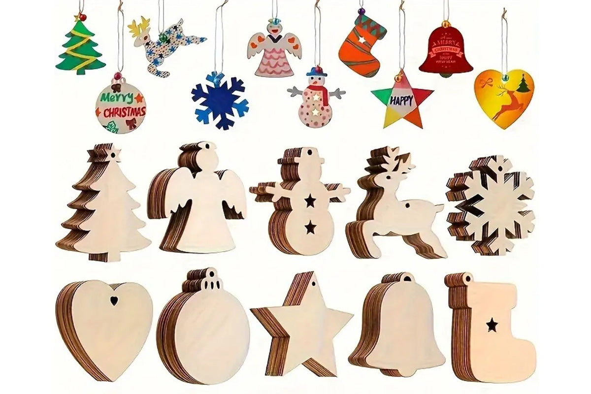 100Pcs Wooden Christmas Tree Decorations Assorted Blank Shapes for Painting