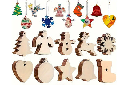 100Pcs Wooden Christmas Tree Decorations Assorted Blank Shapes for Painting