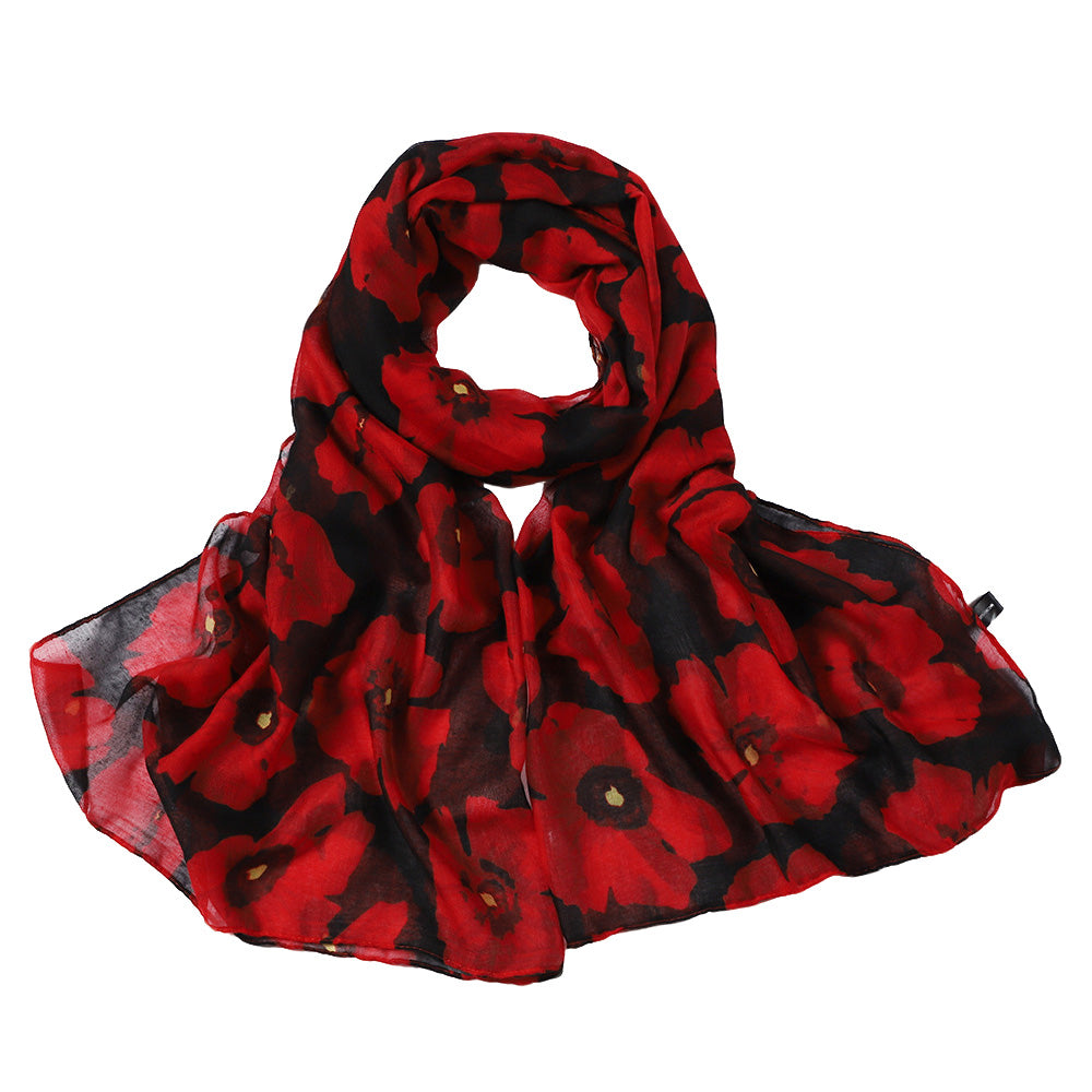 Women's Floral Print Scarf Lightweight Sheer Long Scarf for All Seasons Black