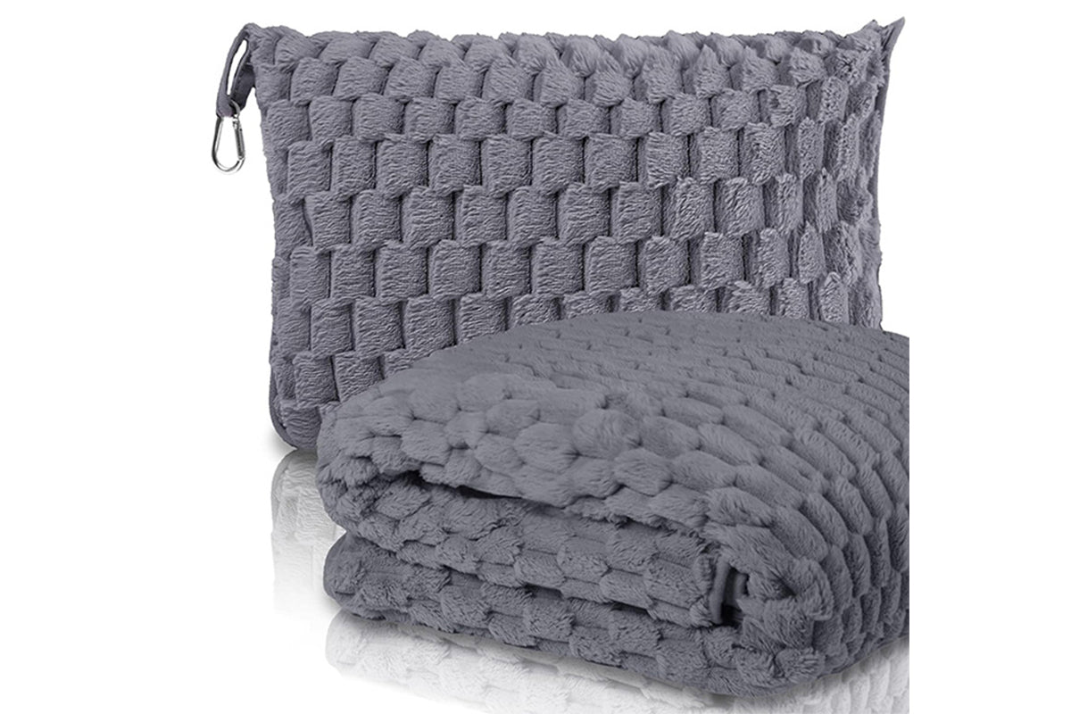 2 in 1 Jacquard Travel Pillow and Blanket Set Packable Travel Blanket for Airplane Car -Grey